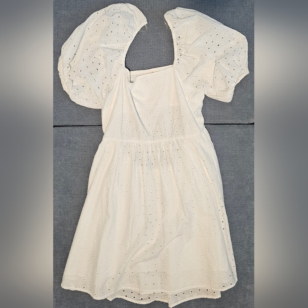A New Day White Eyelet mini dress smocked back detailing puffed sleeves. Size:L